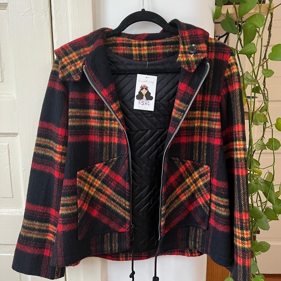 Plaid Short Hooded Jacket Vintage Coat - Picture 3 of 6
